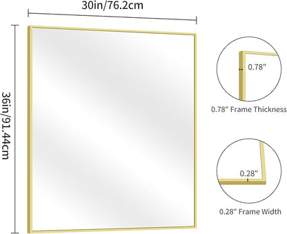 YIROMAN Bathroom Mirror 30"x36", Brushed Gold Bathroom Mirror for Over Sink with Aluminum Frame, Rectangular Vanity Mirror with Right Angle, Wall Mirror Hangs Horizontal or Vertical, Shatterproof