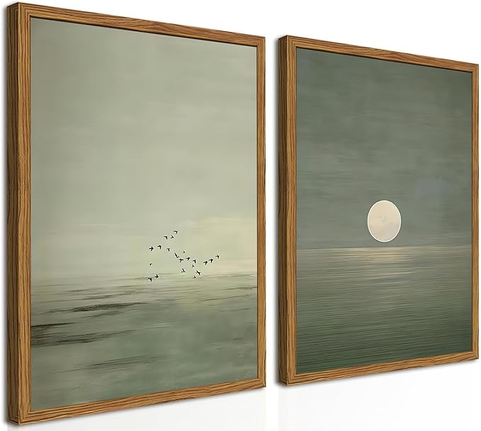 Framed Sage Green Japanese Canvas Wall Art Set of 2, Minimalist Moon and Birds Pictures Wall Decor, Neutral Landscape Artwork Paintings Prints Zen Home Decor for Living Room Bedroom Office 16x24 Inch