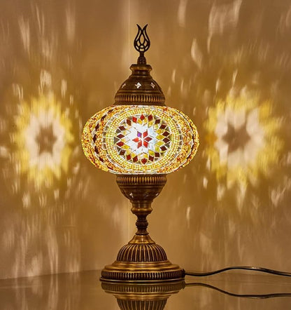 DEMMEX – 7" Large Globe Turkish Moroccan Mosaic Table Lamp, Handcrafted Tiffany-Style Colorful Glass Bedside, Desk & Table Light, Artisan Decor for Living Room or Bedroom, 14" H (Amber&Brown)