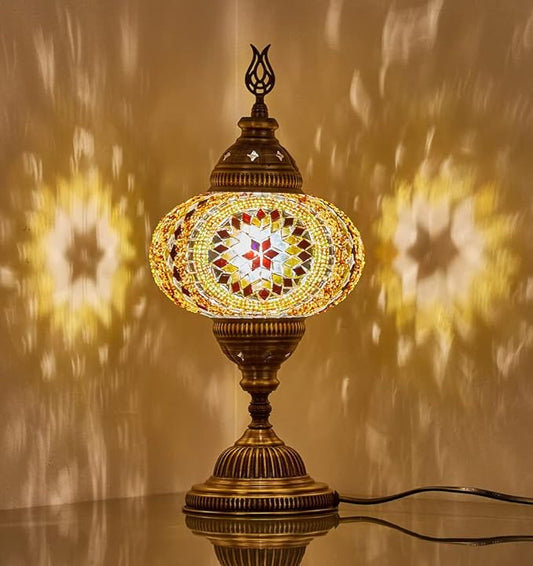 DEMMEX – 7" Large Globe Turkish Moroccan Mosaic Table Lamp, Handcrafted Tiffany-Style Colorful Glass Bedside, Desk & Table Light, Artisan Decor for Living Room or Bedroom, 14" H (Amber&Brown)