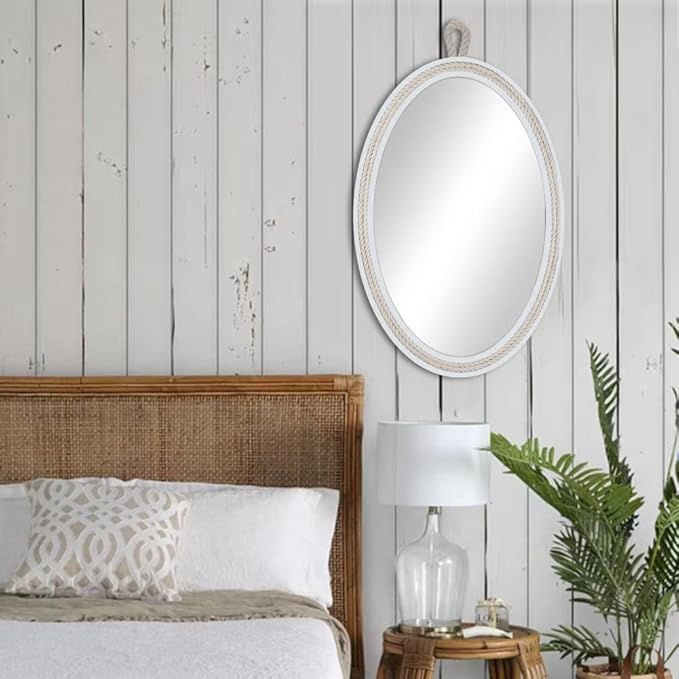 Oval Mirrors for Wall Decor Small White Nautical Rope Mirror Hanging Decorative Beach Coastal Mirror,24''Lx16''W,Oval