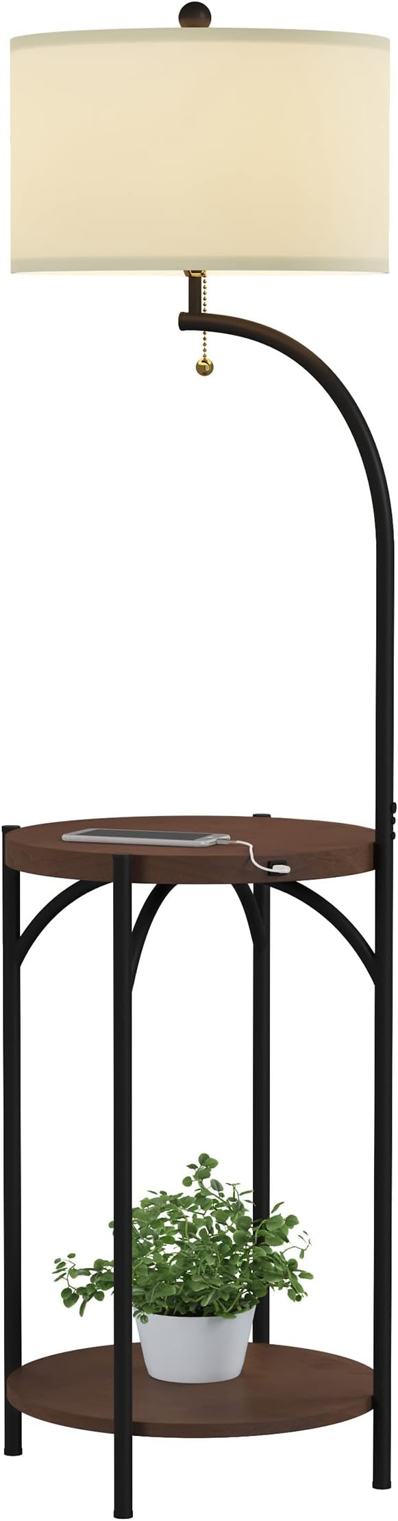 Floor Lamp with End Table - Modern Rustic Side Shelves with USB Charging Port, LED Light Bulb, and Drum-Shaped Shade - Standing Lights by Lavish Home