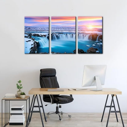 Pacimo 3 Pieces Canvas Wall Art Tropical Waterfall Pastel Sunset Horizon Pictures Prints Nature Landscape Modern Artwork for Walls Painting Home Office Wall Decor Framed Ready to Hang - 16"x24"x3