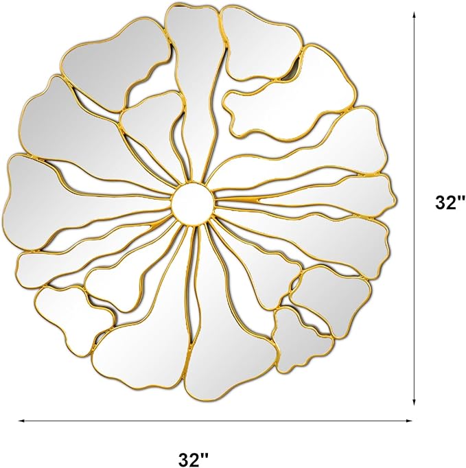 Gold Wall Mirrors Decorative, 32” Large Round Mirrors for Wall Decor, Flower Shaped Decorative Wall Mirror for Living Room, Bedroom, Dining Room