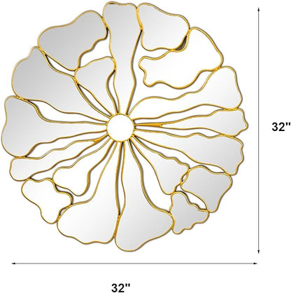 Gold Wall Mirrors Decorative, 32” Large Round Mirrors for Wall Decor, Flower Shaped Decorative Wall Mirror for Living Room, Bedroom, Dining Room