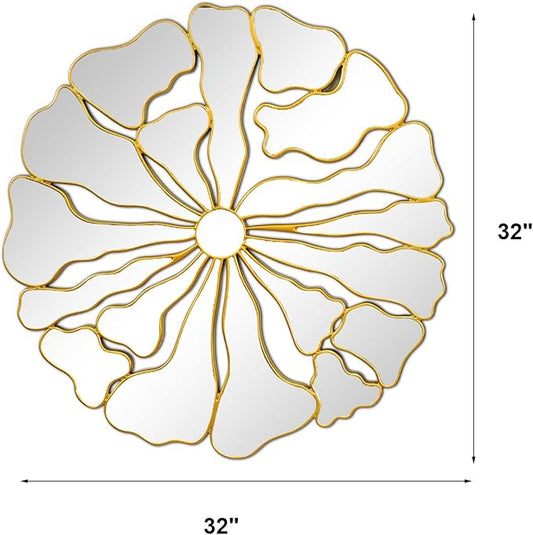 Gold Wall Mirrors Decorative, 32” Large Round Mirrors for Wall Decor, Flower Shaped Decorative Wall Mirror for Living Room, Bedroom, Dining Room