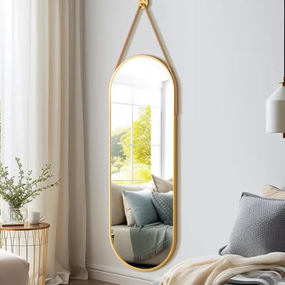 Dewfig 16"x48" Oval Full Length Mirror with Leather Strap Hanging Mirror with Aluminum Frame, Oval Gold Wall-Mounted Mirrors for Living Room Bedroom Entryway Décor, Gold