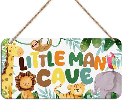Little Man Cave Sign for Boys Jungle Animal Wooden Door Sign Wall Decor Woodland Nursery Baby Room Decor Rustic Wooden Hanging Sign Wall Hanging Bedroom Toddler Boy Room Gamer Room Decor for Boys