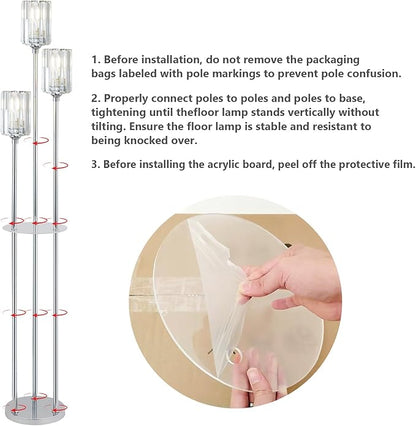 HMVPL Crystal Floor Lamps for Living Room, Modern Floor Lamp with Shelves, 3-Lights Standing Lamp with Crystal Shade, On/Off Foot Switch, Silver Corner Floor Lamp for Bedroom Living Room Office(66")