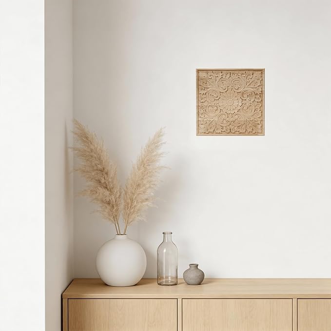 NAHARO Modern Hand Carved Wooden Wall Art – Square Wood Sculpture Decor, Boho Rustic Home Decor for Living Room, Bedroom, Entryway