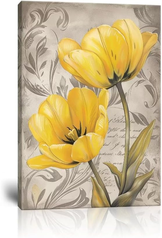 Wall HDQ Yellow Tulip Wall Art for Bathroom Office Home Decor Flowers Pictures Canvas Prints Framed Ready to Hang