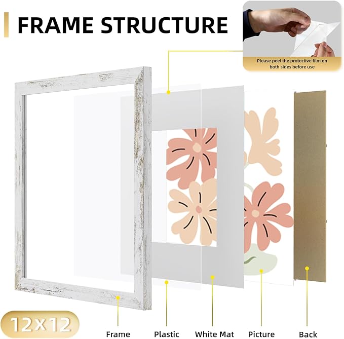 YESKAY 12x12 Picture Frame Set of 9, Photo Gallery Wall Frame Set, Display Pictures 8x8 with Mat or 12 x 12 Without Mat, Square Frame Picture Frames Collage Wall Decor, Distressed White