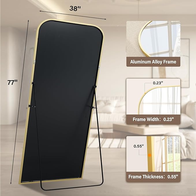 XRAMFY 77x38 Inch Floor Length Mirror with Stand, Full Length Standing Mirror for Bedroom, Full Body Tall Mirrors with Modern Aluminum Alloy Frame in Gold, Home Decor