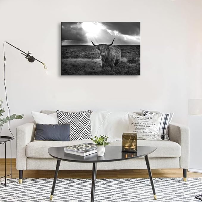 Black and White Highland Cow Wall Art Decor Prints Poster Animal Picture Framed Highland Cow Artwork Framed for Living room Bedroom (28x44 inch)