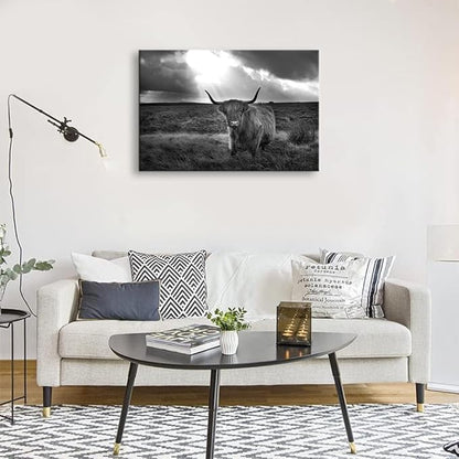 Black and White Highland Cow Wall Art Decor Prints Poster Animal Picture Framed Highland Cow Artwork Framed for Living room Bedroom (20x30 inch)