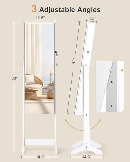 Nicetree Jewelry Cabinet Armoire, Freestanding Jewelry Armoire Organizer with Full-Length Mirror, Lockable Jewelry Storage Cabinet, Frameless Mirror, 3 Adjustable Angles, Moon White