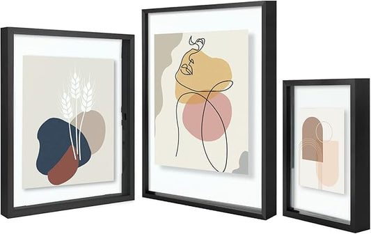 Golden State Art Black Floating Frame for One 14x11, Two 8x10, Four 5x7 Pictures, Clear Glass, Wall Decoration, 7 Pieces