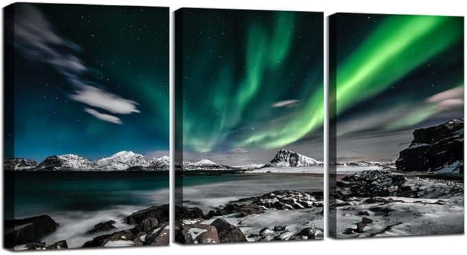 Aurora Scenery Wall Art Green Sky Painting on Canvas Wall decorations for living room Stretched and Framed Canvas Paintings 3 piece bedroom wall decor Ready to Hang for office Decor art