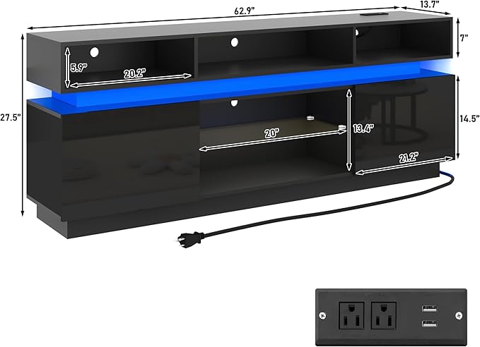 chartustriable LED TV Stand for 75 Inch TV, Modern Tall Entertainment Center with Power Outlets, High Gloss TV Stand, Gaming TV Media Console with Glass Shelf for Living Room, 63 Inch, Black