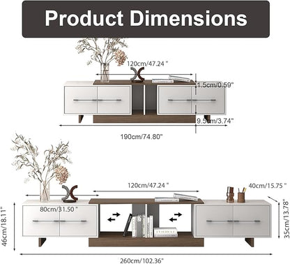 Extendable TV Stand, Modern TV Console for Up to 120 Inch TV, Entertainment Center with 4 Large Drawers & Open Shelf, Media Console for Living Room - White & Walnut (Extendable 74.80"-102.36")