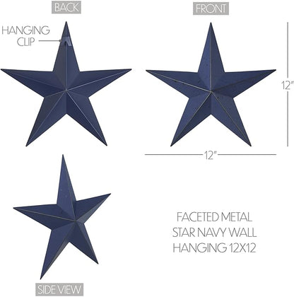 VHC Brands Patriotic Faceted Metal Star Wall Hanging 12x12, Independence Day Decor, American Star Design, Distressed Appearance Metal Wall Art