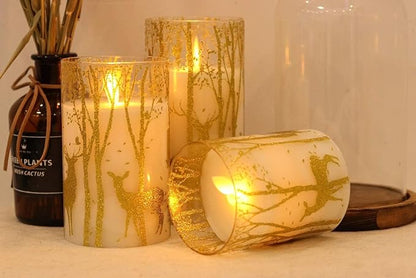 GenSwin Glass Flameless Candles Flickering with Deer Decor and Remote Timers, Battery Operated Moving Wick Led Light, Set of 3 Real Wax Pillar Candles for Christmas Home Decoration