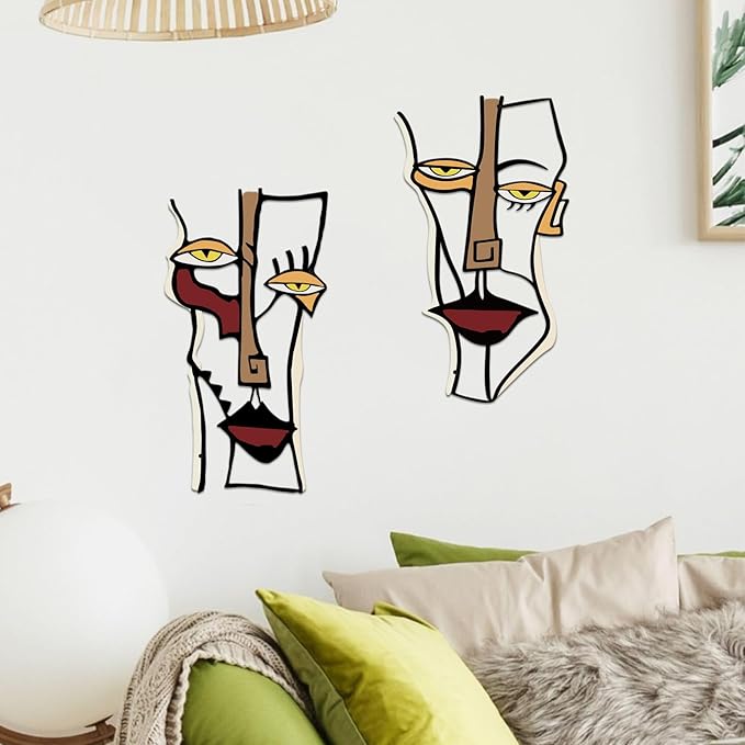 ESTART 2 Pieces Abstract Faces Metal Wall Decor, Modern Minimalist Single Line Geometric Hanging Wall Art, Colorful Metal Wall Sculptures for Home Living Room Bedroom Bathroom Kitchen, 24x15.7 IN