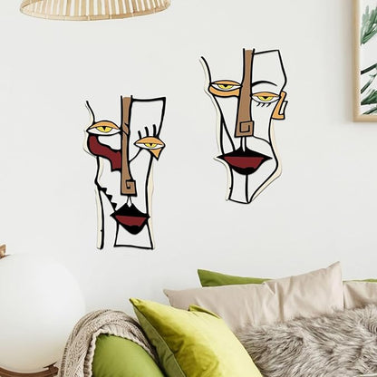 ESTART 2 Pieces Abstract Faces Metal Wall Decor, Modern Minimalist Single Line Geometric Hanging Wall Art, Colorful Metal Wall Sculptures for Home Living Room Bedroom Bathroom Kitchen, 24x15.7 IN