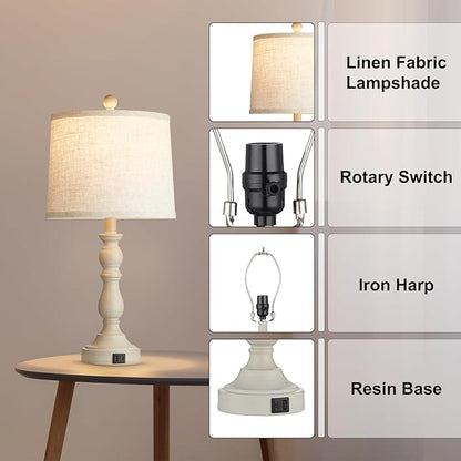 Farmhouse Side Table Lamps for Living Room Set of 2 with USB C+A Ports, Bedside Lamp for Bedroom, Dining Room Decor, Office, End Table, Knob Switch, 3 Color Temperatures, Bulb Included, Beige