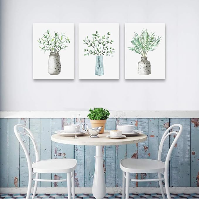 Lapremoly Family Canvas Wall Art For Kitchen Dining Room Wall Decor For Living Room Decoration For Office Vase Pictures Artwork Green Leaf Wall Paintings For Bedroom Home Walls Decor 3 Piece