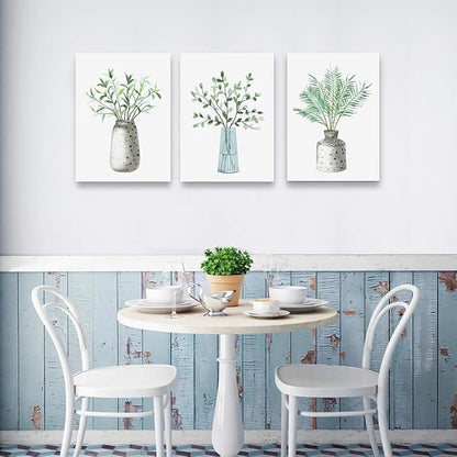 Lapremoly Family Canvas Wall Art For Kitchen Dining Room Wall Decor For Living Room Decoration For Office Vase Pictures Artwork Green Leaf Wall Paintings For Bedroom Home Walls Decor 3 Piece