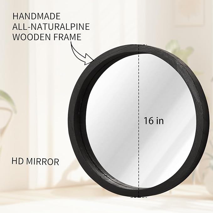 JJUUYOU Circular Wall Mirror Round Mirror for Bathroom Black Small Circle Wall Mounted Mirror for Decor Wood Framed Make up Mirror for Farmhouse Living Room Bedroom 16Inch