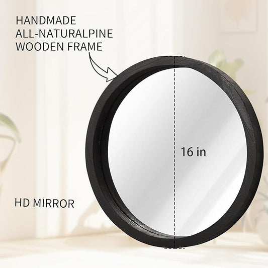 JJUUYOU Circular Wall Mirror Round Mirror for Bathroom Black Small Circle Wall Mounted Mirror for Decor Wood Framed Make up Mirror for Farmhouse Living Room Bedroom 16Inch