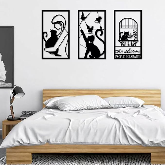 GSANMU Metal Cat Butterfly Wall Decor - Set of 3 Cute black line decor Iron Hanging Wall Art for Living Room and Bedroom 17×10 inch