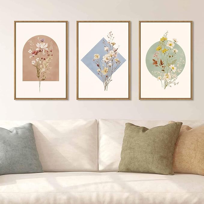 Celestdeco Large Vintage Wildflower Floral Framed Canvas Wall Art Set,Botanical Watercolor Calming Floral Wall Painting,Minimalist Boho Flower Artwork for Living Room,Dining Room,Office Decor -24"x36"x3