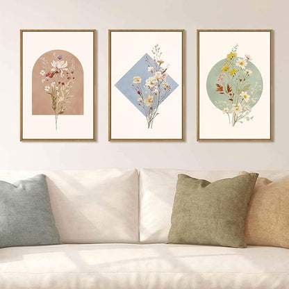 Celestdeco Large Vintage Wildflower Floral Framed Canvas Wall Art Set,Botanical Watercolor Calming Floral Wall Painting,Minimalist Boho Flower Artwork for Living Room,Dining Room,Office Decor-16"x24"x3