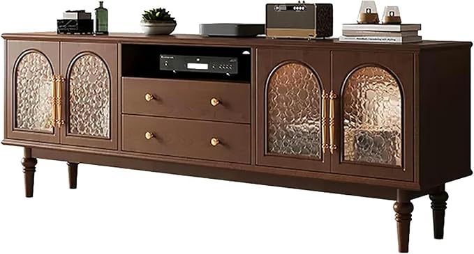 TV Stand TV-Console Table, Solid Wood TV Stands, 59×15.7×22.8in, Tempered Glass Door, Modern Entertainment Center, Tv Cabinet with Drawers, TV Table, for Living Room, Bedroom(Black B)