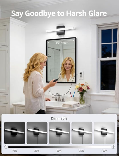 Combuh Black Plug in Vanity Light Bar Corded for Bathroom Lighting Fixture No Wiring, 16Inch 5 Colors Adjustable Dimmable Modern Bright Daylight Mirror Lamp for Wall Dressing Room Makeup (with Plug)