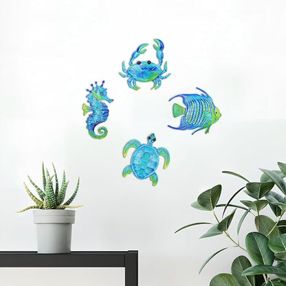 Coastal Decor Metal Wall Art, Ocean Theme Outdoor Wall Decor, Crab Seahorse Sea Turtle Metal Fish Nautical Wall Decor for Pool Fence Bathroom Indoor Garden Yard Kitchen (Set of 4)