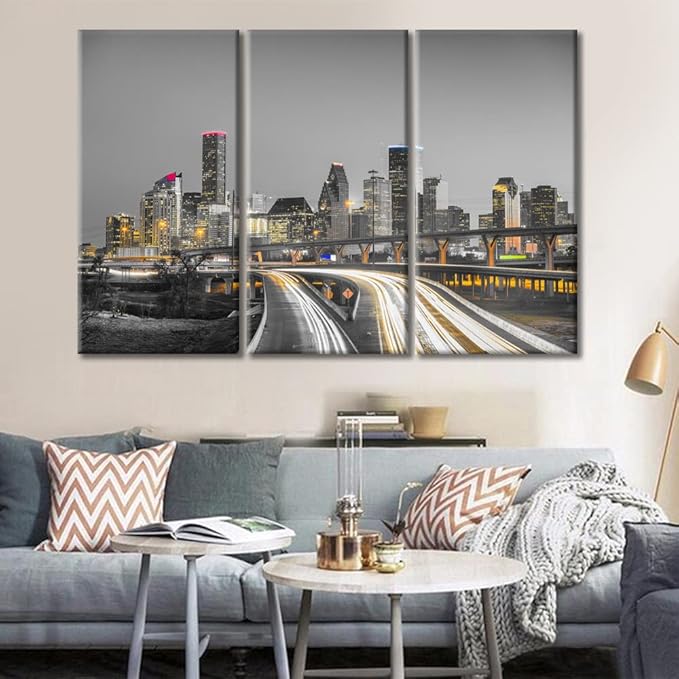 TUMOVO American Cityscape Wall Decor 3 Piece Houston Nighttime Lightscape Art Prints Wall Decor Living Room Beautiful Skyscrapers Skyline House Decor Framed Ready to Hang (36" Wx24 H)