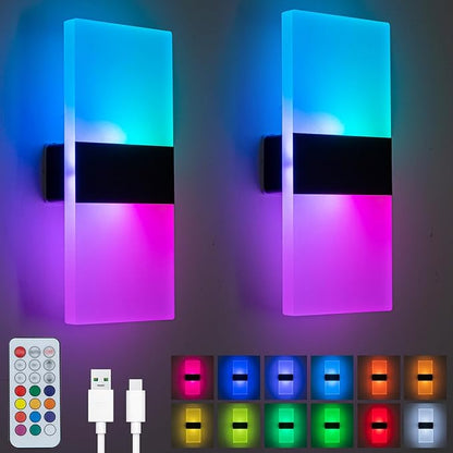 2 Pack LED Wall Lights, Rechargeable Battery Powered RGB Wall Sconce, 12 Color Changing Magnetic Night Lamp, Remote Control Dimmable Cordless Decor Lighting for Bedroom Hallway Stairway