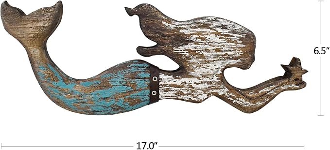 Morning View Wooden Mermaid Wall Decor Nautical Decoration Hanging Mermaid Plaque Large Wall Art Rustic Coastal Beach Ocean Sea for Bathroom Decor Home House 17X6.5 Inches (Teal)