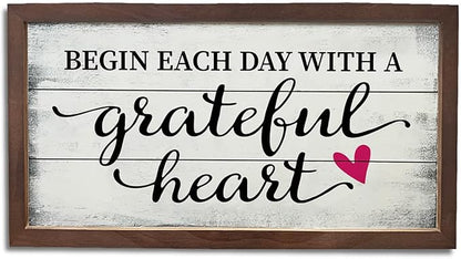 Inspirational Wall Art, Wood Decoration for Home Office, Living Room Decor, Bedroom Decors, Wooden Framed Wall Decor, Begin Each Day With a Grateful Heart Sign, 15×7.5×0.3 inches