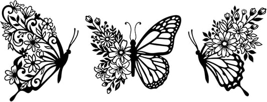 Sanwarm 3 Pieces Metal Wall Decor, Butterfly Floral Boho Metal Wall Art Flower Black Hanging Decoration for Home Bathroom Living Room Bedroom Garden Office Housewarming Gifts