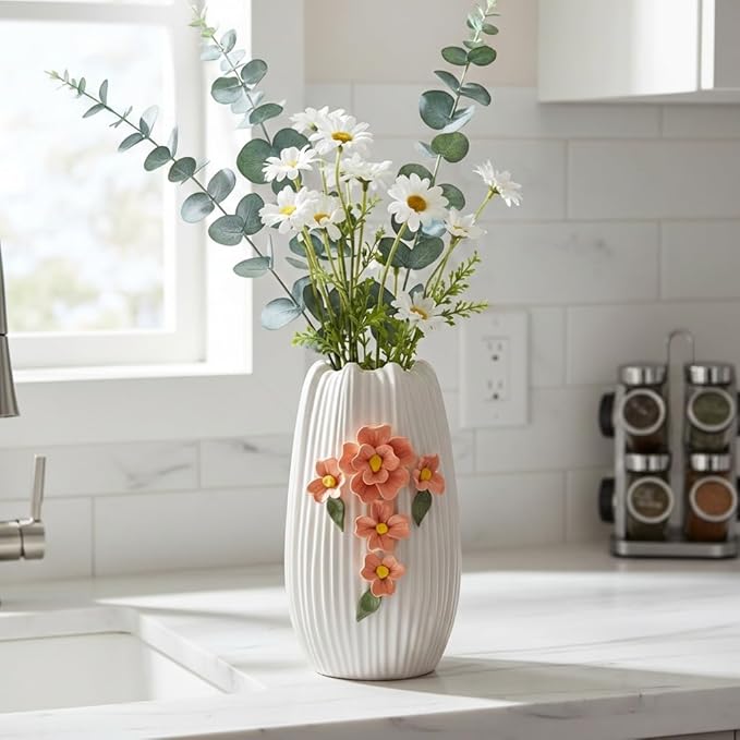 9 Inch White Flower Vase for Table, Modern Boho Ceramic Vases Home Decor, 3D Floral Textured Vase for Pampas Grass, Kitchen, Table, Bathroom, Fireplace Decor