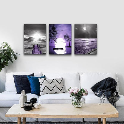 Lapremoly Black And White Purple Ocean Landscape Large Wall Decor For Living Room Canvas Wall Art For Bedroom Wall Painting Office Bathroom Wall Decor Family Posters Modern Home Decorations 3 Piece