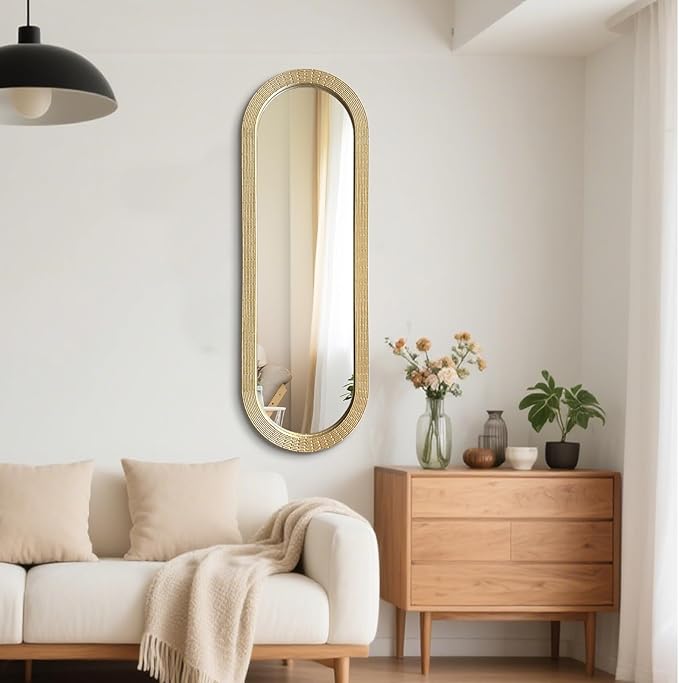 WAMIRRO Gold Oblong Wood Mirror, 47X16 Inch Hand Carved Solid Wood Capsule Frame Oval Mirror for Wall Mount, Farmhouse Boho Decor for Living Room, Bathroom, Bedroom, Hallway & Entryway
