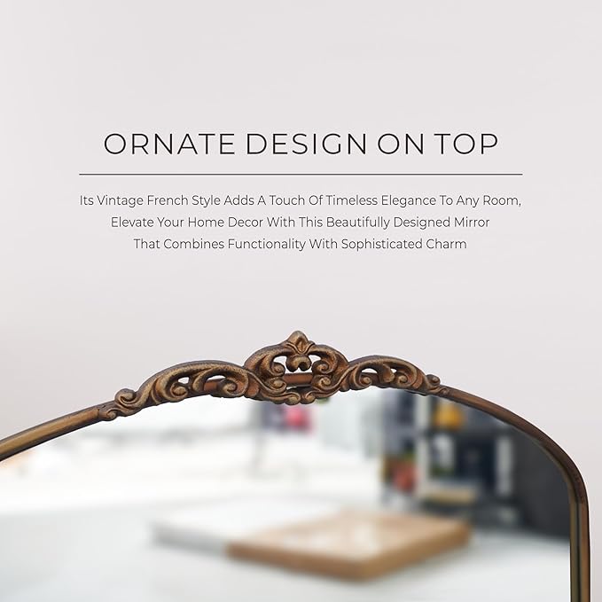 Vintage Gold Wall Mirror - 36x24 Inch, Baroque Arched Design, Ornate Crown Metal Frame, Distressed Gold Finish, Large Antique Decorative Mirror for Fireplace Mantle, Living Room, Bathroom, Entryway