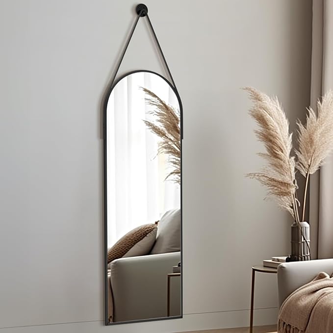 Dewfig 16"x48" Hanging Mirror with Leather Strap,Arched Full Length Mirror with Aluminum Frame Wall-Mounted Hanging Mirrors for Bathroom Vanity Living Room Bedroom Entryway Décor, Black