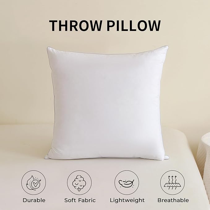 Throw Pillow Insert (Pack of 2, White), Goose Feather and Polyeser Throw Pillow for Decorative Cushion Bed Couch Sofa - Non-Deforming Over Time (22x22 Inch (Pack of 2))